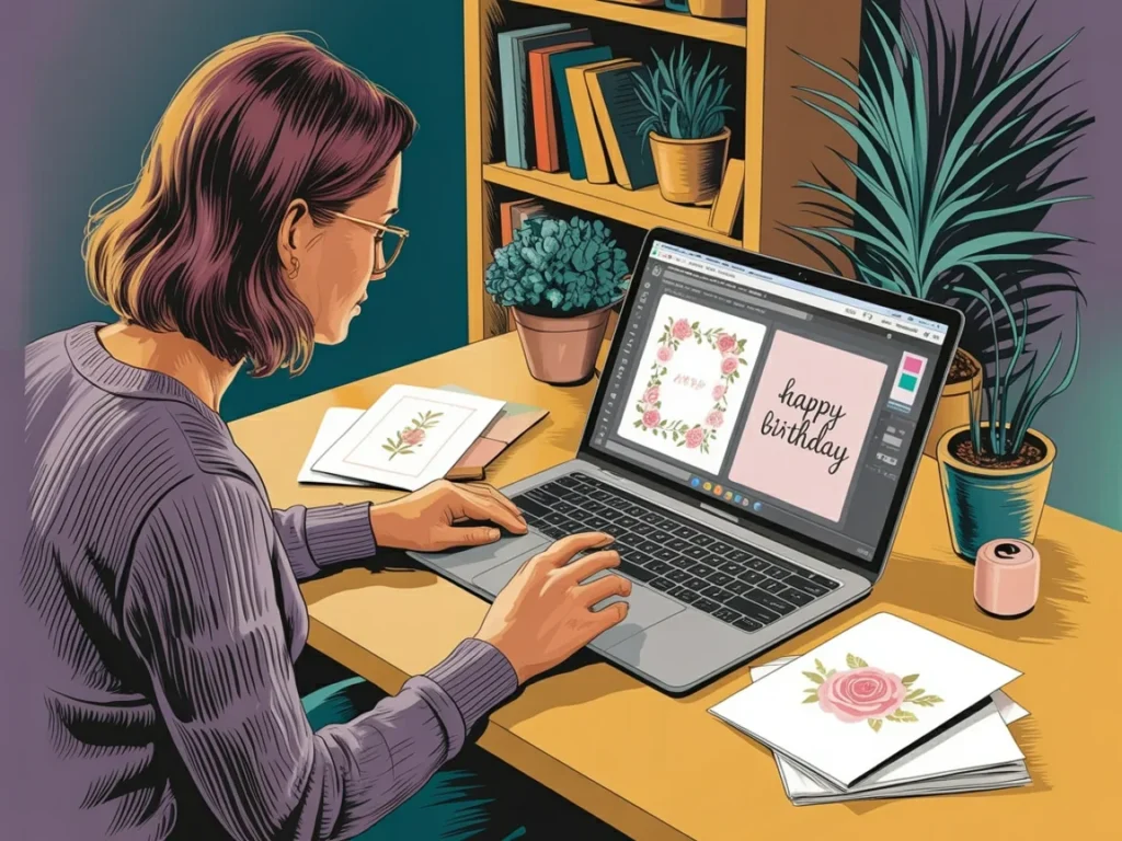 Midlife woman working on multiple digital designs on her laptop as her collection begins to grow