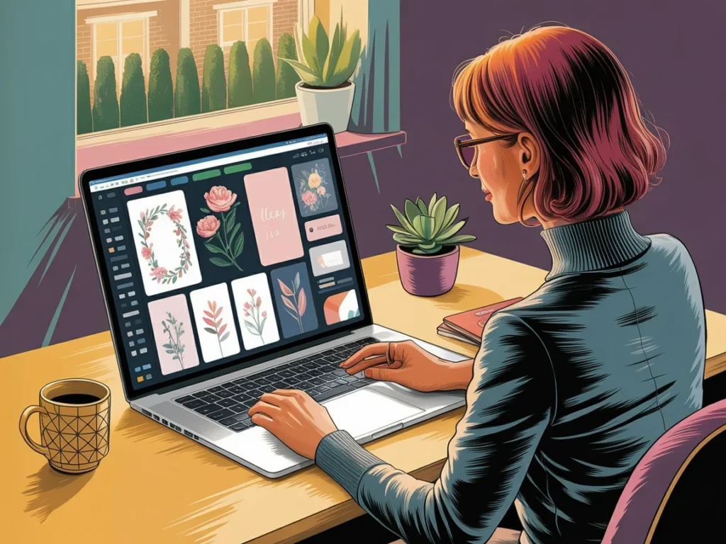 Midlife woman organizing a smaller, cohesive collection of images on her laptop with a clear direction