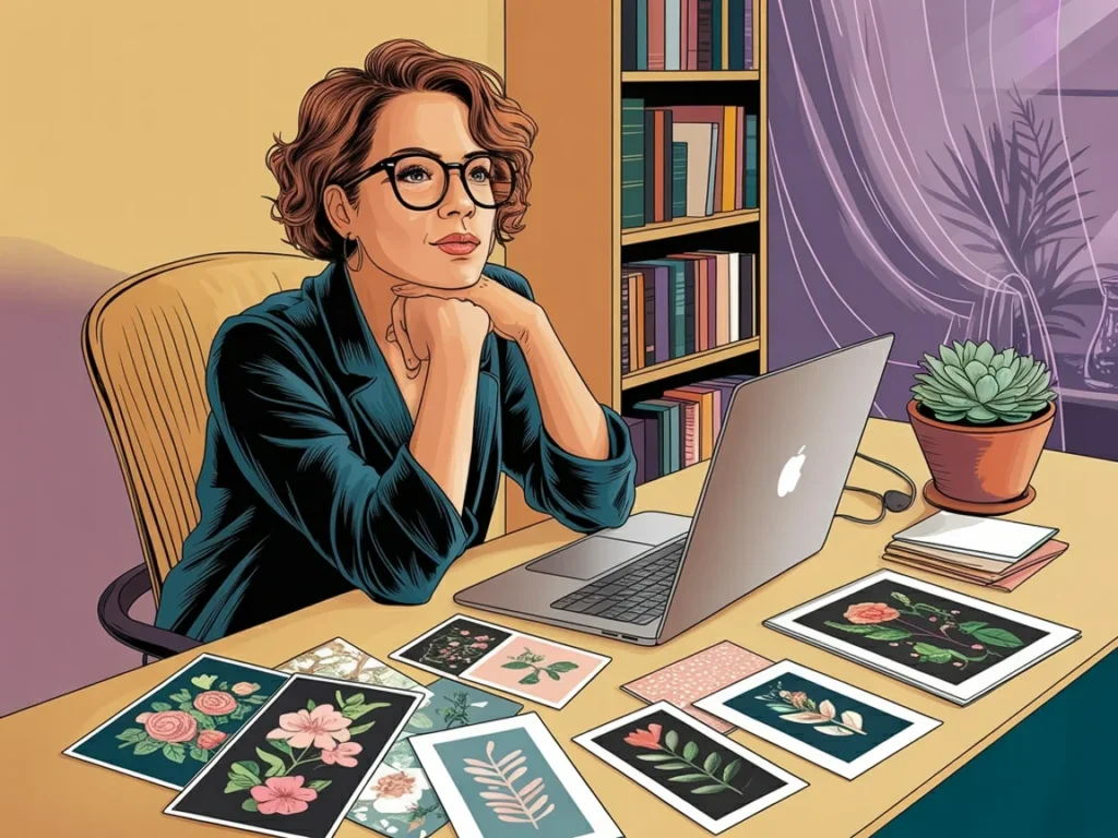 Midlife woman pausing and thoughtfully reviewing her digital images, unsure what to do next