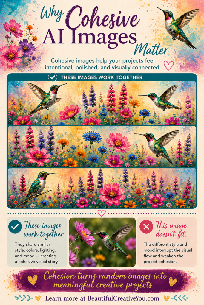 Pinterest graphic showing examples of cohesive AI-generated hummingbird and floral images compared to one image that does not match the visual style or mood.