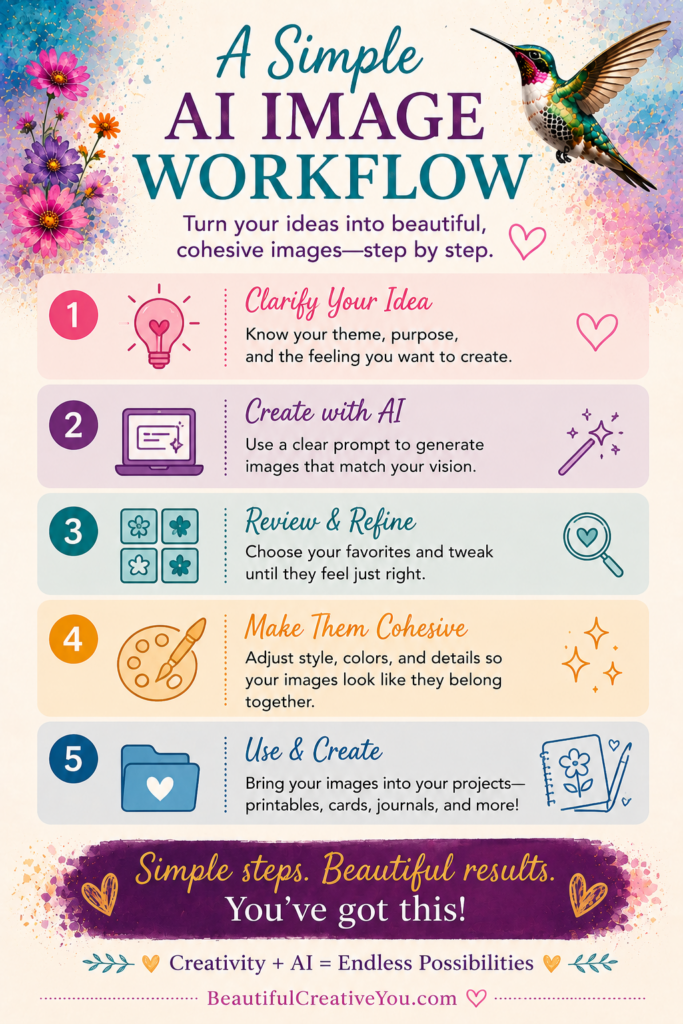 Feeling overwhelmed by endless prompts and disconnected AI images? This simple step-by-step workflow helps beginners create more intentional, cohesive images for creative projects like journals, printables, affirmation cards, clipart, and more.