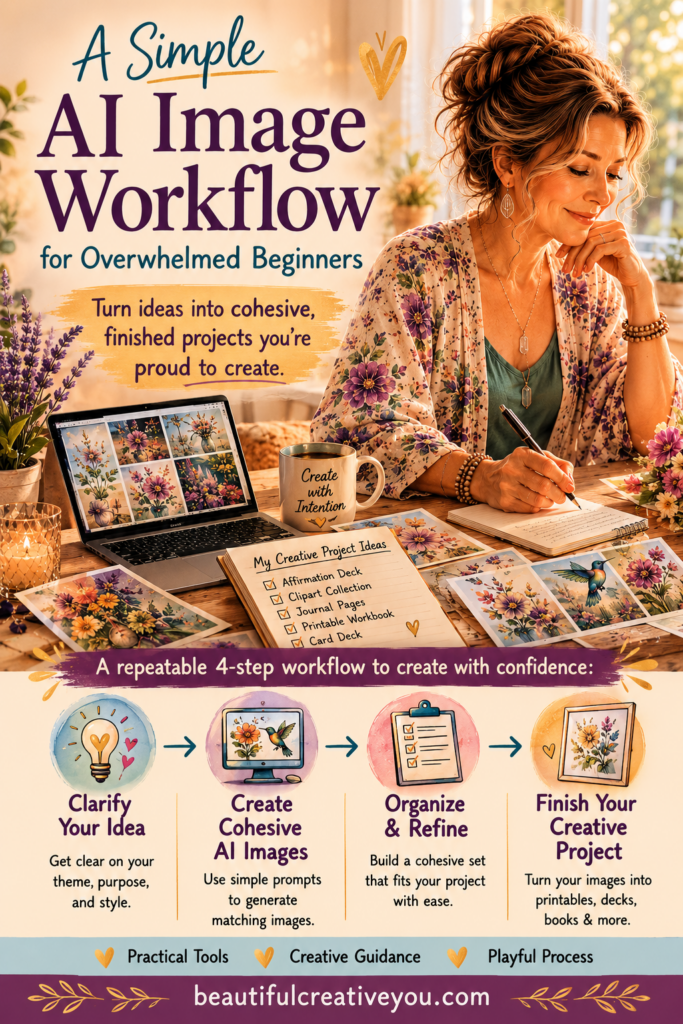 Pinterest graphic showing a creative woman using AI image tools to turn ideas into finished creative projects with a calm, intentional workflow.