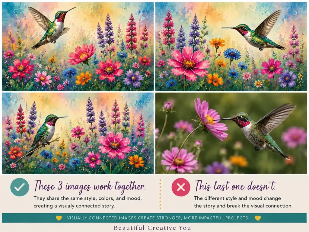 Example showing how three AI images share the same style and mood while one mismatched image disrupts visual consistency.