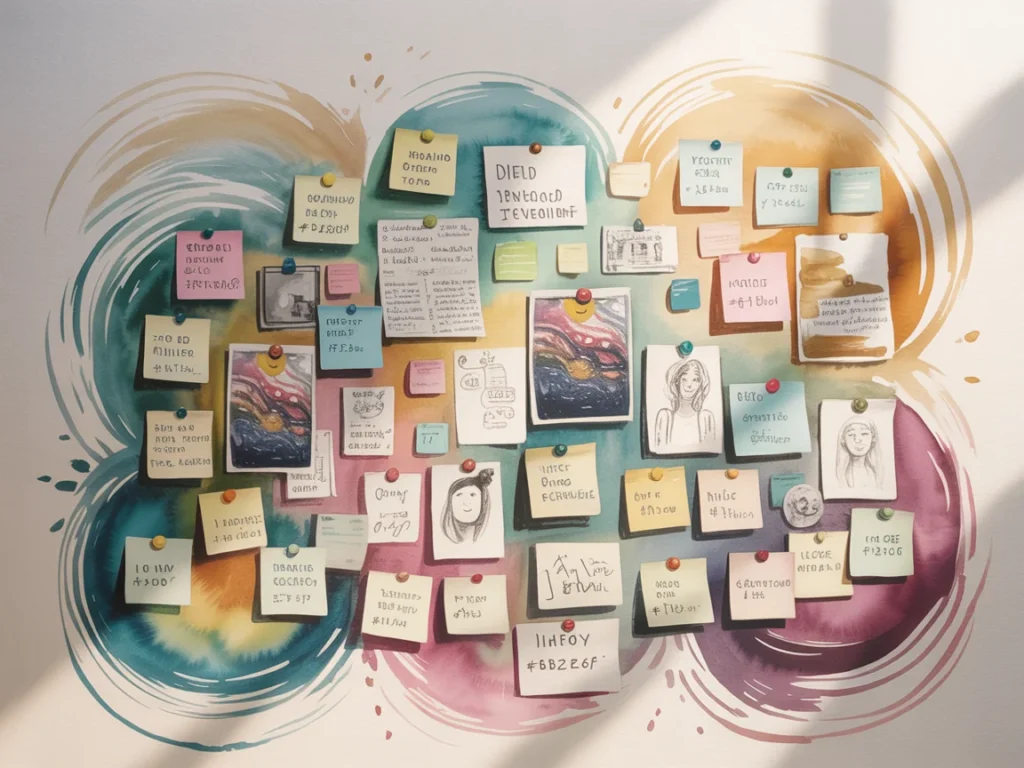 Connected notes and inspiration arranged into a cohesive creative board