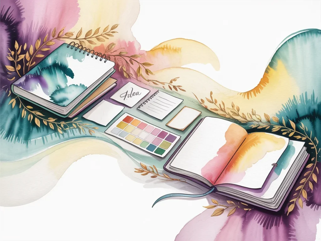 Notebooks, color palettes, and creative tools arranged in an artistic layout