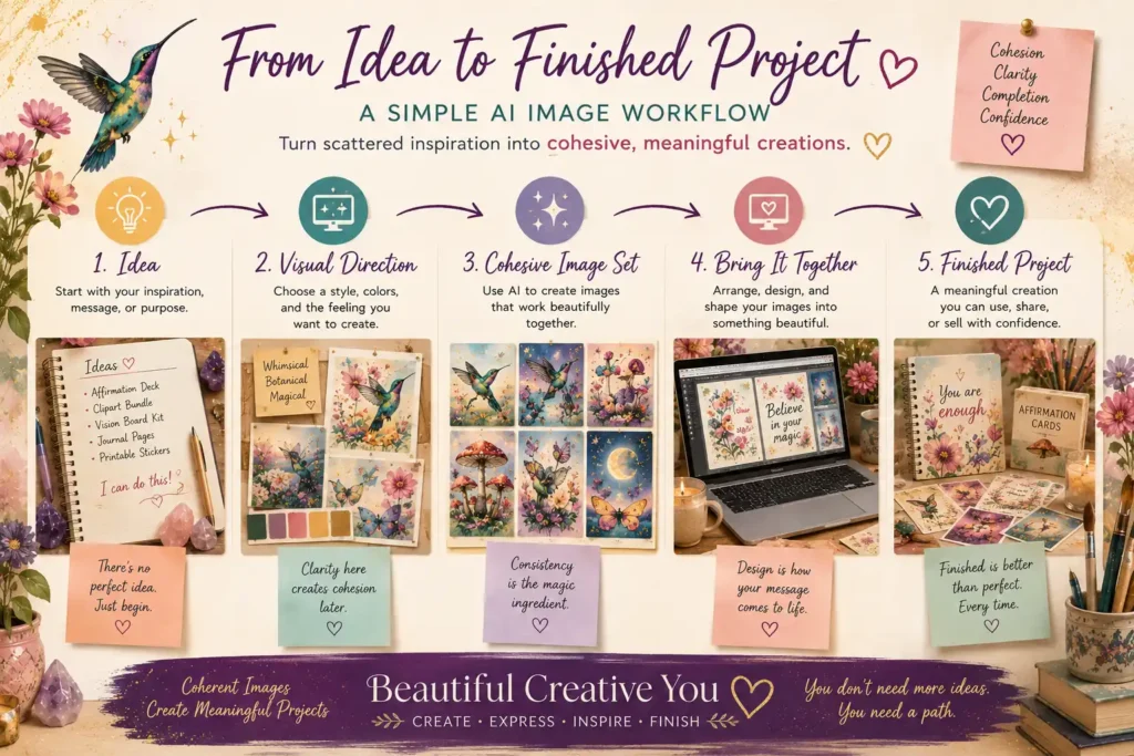 Simple AI image workflow infographic showing the steps from idea to finished creative project.