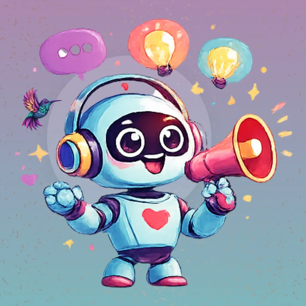 Cute AI creative assistant robot helping turn ideas into creative project directions