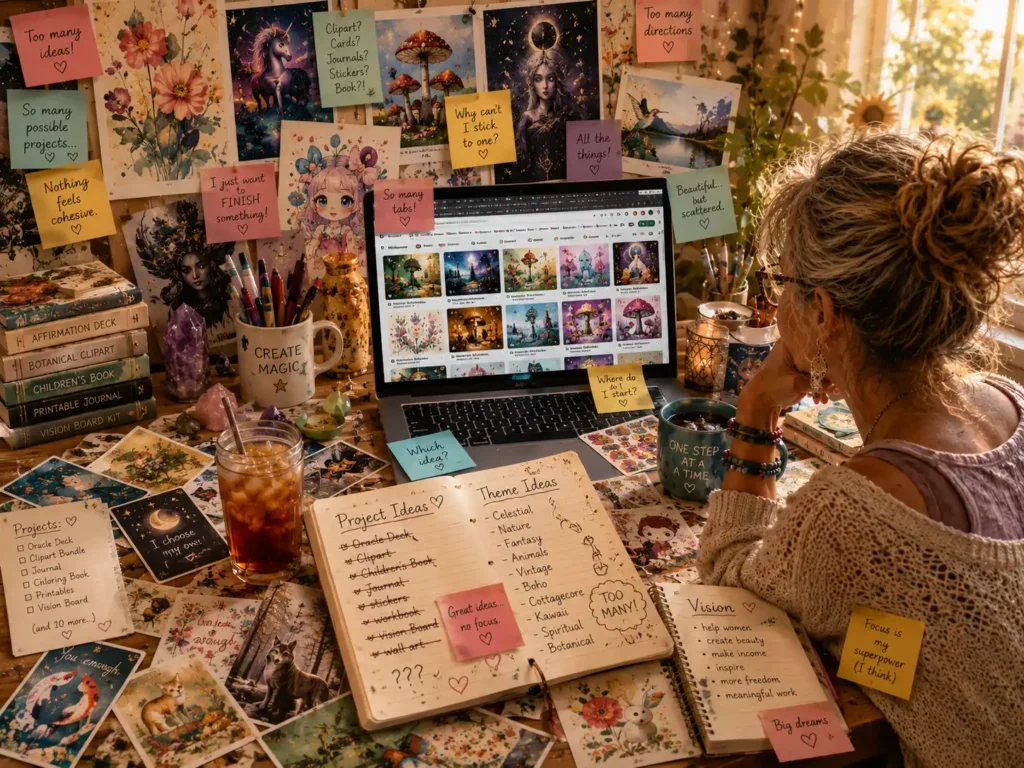 Creative woman overwhelmed by too many AI image ideas, tabs, unfinished projects, and scattered inspiration.