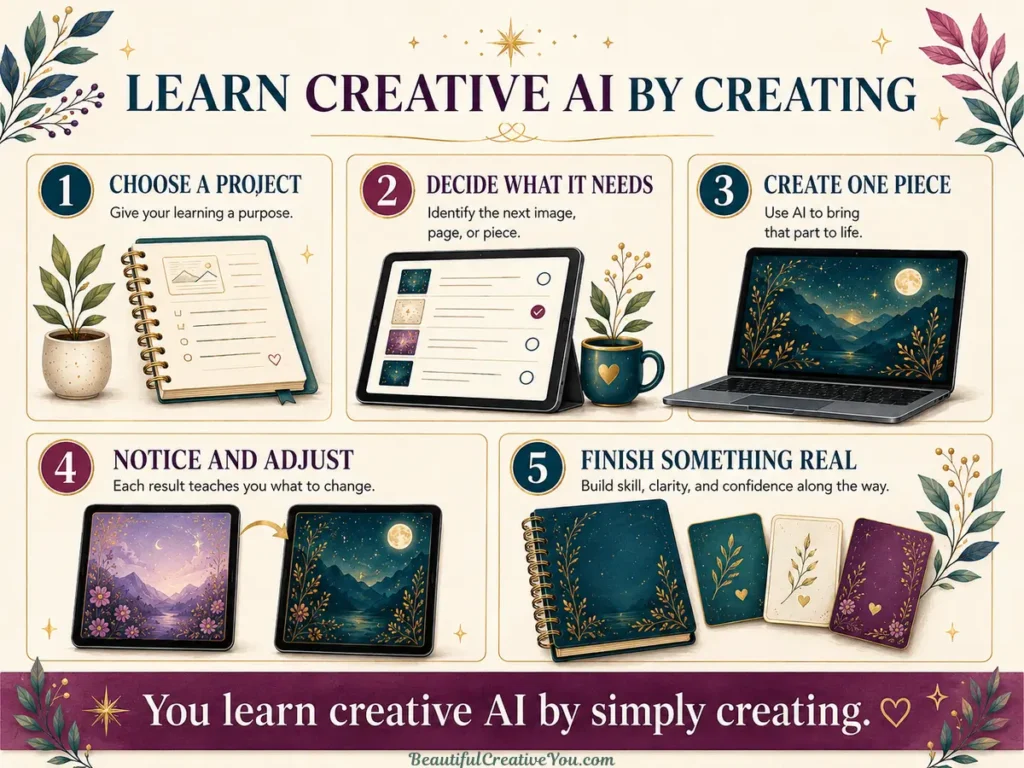 Five-step infographic showing how to learn creative AI by choosing a project, deciding what it needs, creating one piece, adjusting the result, and finishing something real.