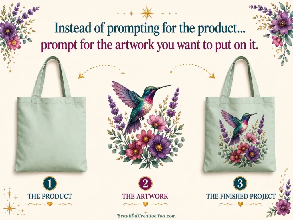 Plain tote bag, separate hummingbird artwork, and finished printed tote showing why you prompt for the artwork instead of the product.